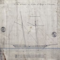 Plan de voilure de la Topaze, SHD Cherbourg, 2G2 321, 1823.  La Topaze est lune des 6 golettes construites selon le plan type Anmone.