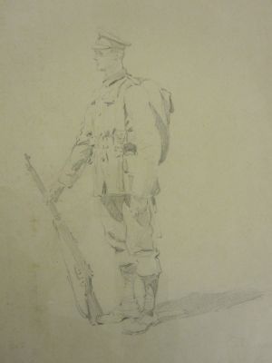  Soldat anglais avec un fusil, Georges Scott, 1914-1918, dessin, muse de lOfficier   Ecoles de Saint-Cyr Cotquidan / Muse de l'officier